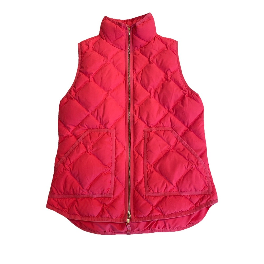 J Crew‎ Puffer Vest Womens XS Pink Zip Front Quilted Down Filled Pockets Preppy